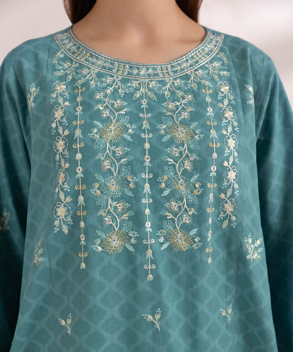 Women's Pret Cotton Jacquard Embroidered Blue A-Line Shirt