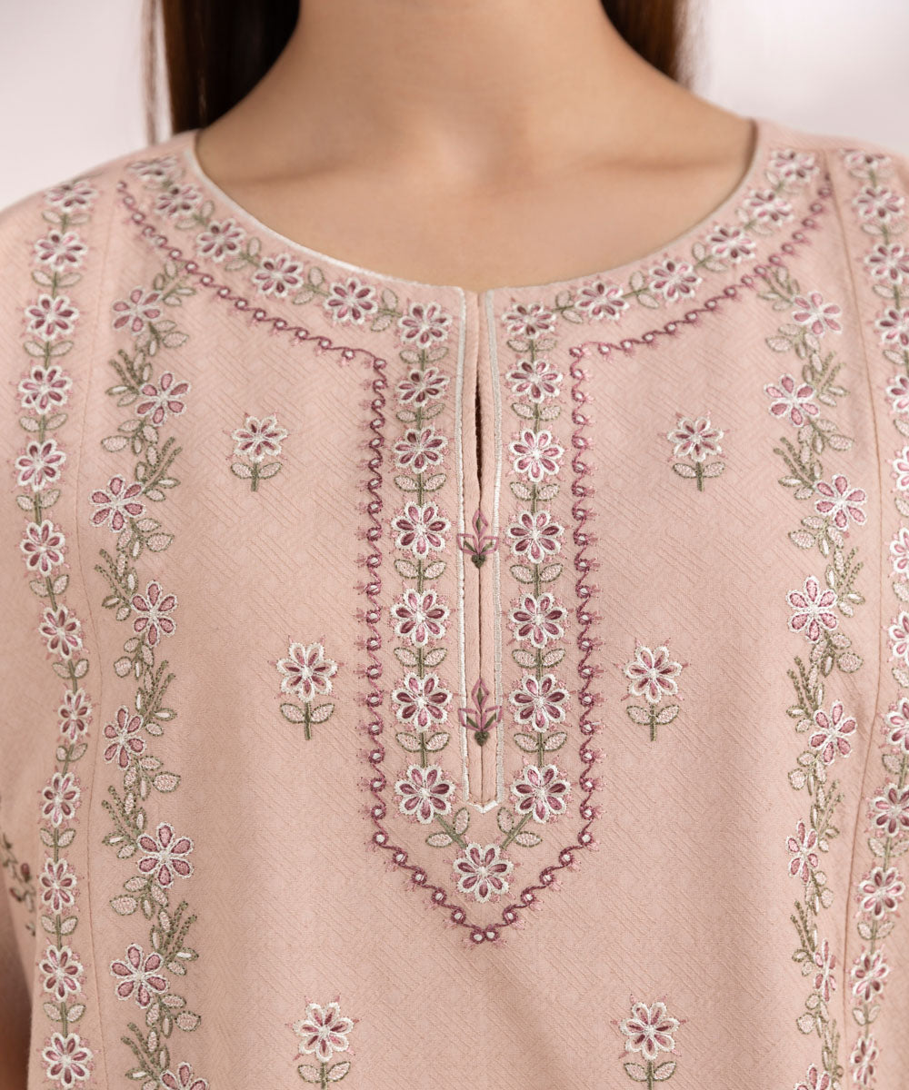 Women's Pret Cotton Jacquard Embroidered Pink Drop Shoulder Shirt
