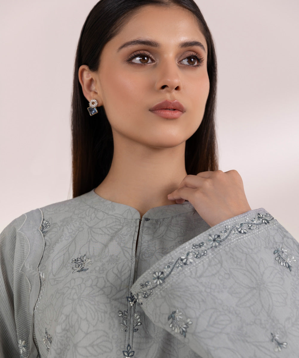 Women's Pret Cotton Jacquard Embroidered Grey Boxy Shirt