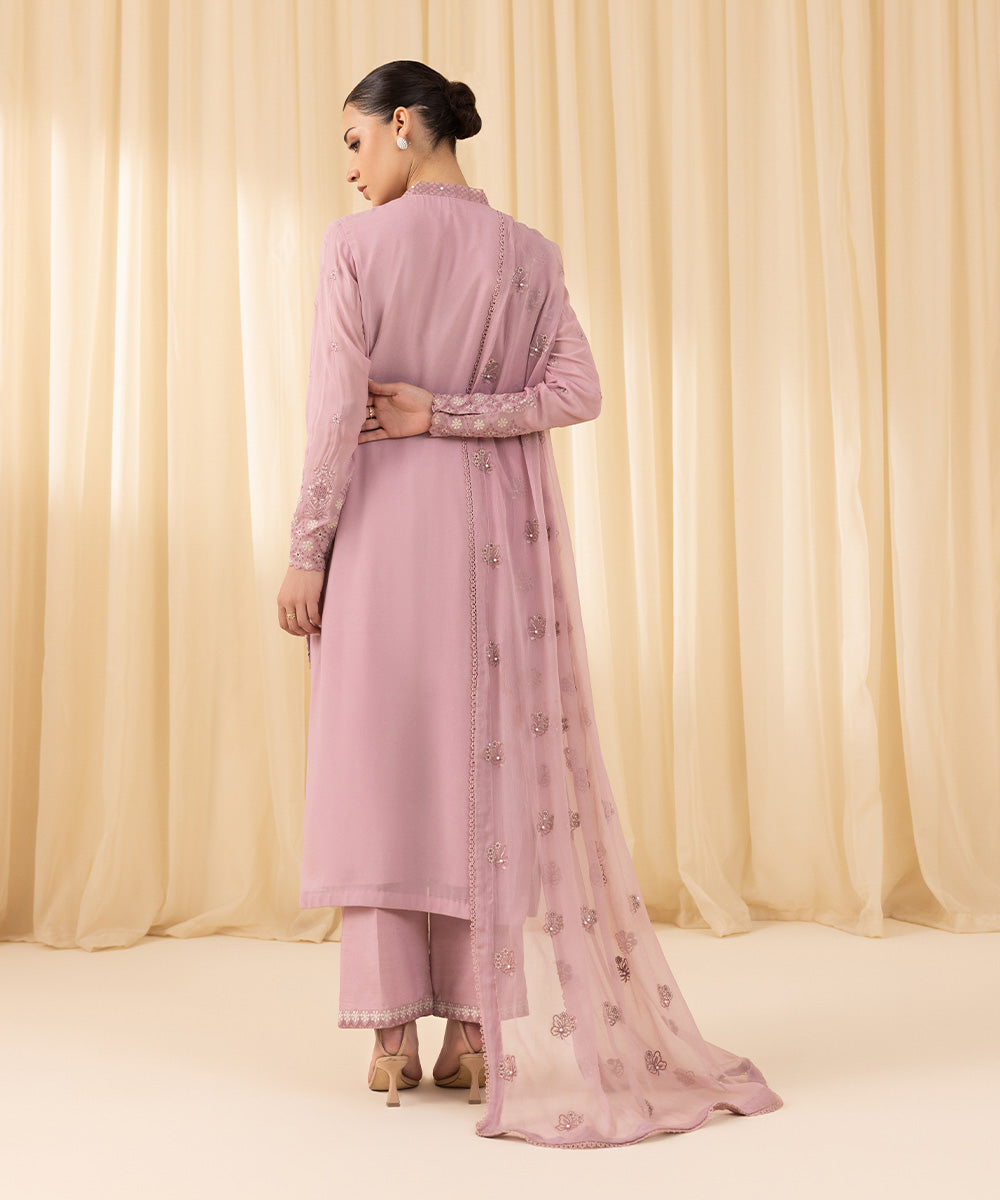 Women's Unstitched Embroidered Georgette Chiffon Pink 3 Piece Suit