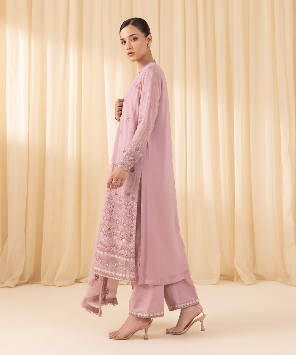 Women's Unstitched Embroidered Georgette Chiffon Pink 3 Piece Suit