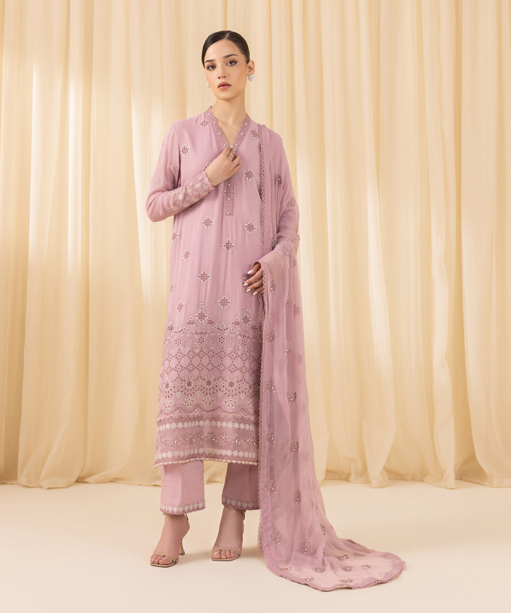 Women's Unstitched Embroidered Georgette Chiffon Pink 3 Piece Suit