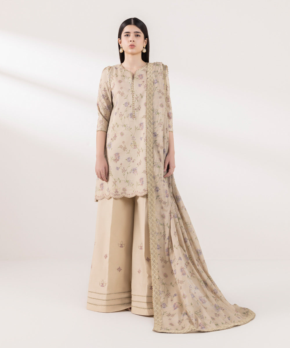 Women's Unstitched Zari Lawn Embroidered Beige 3 Piece Suit