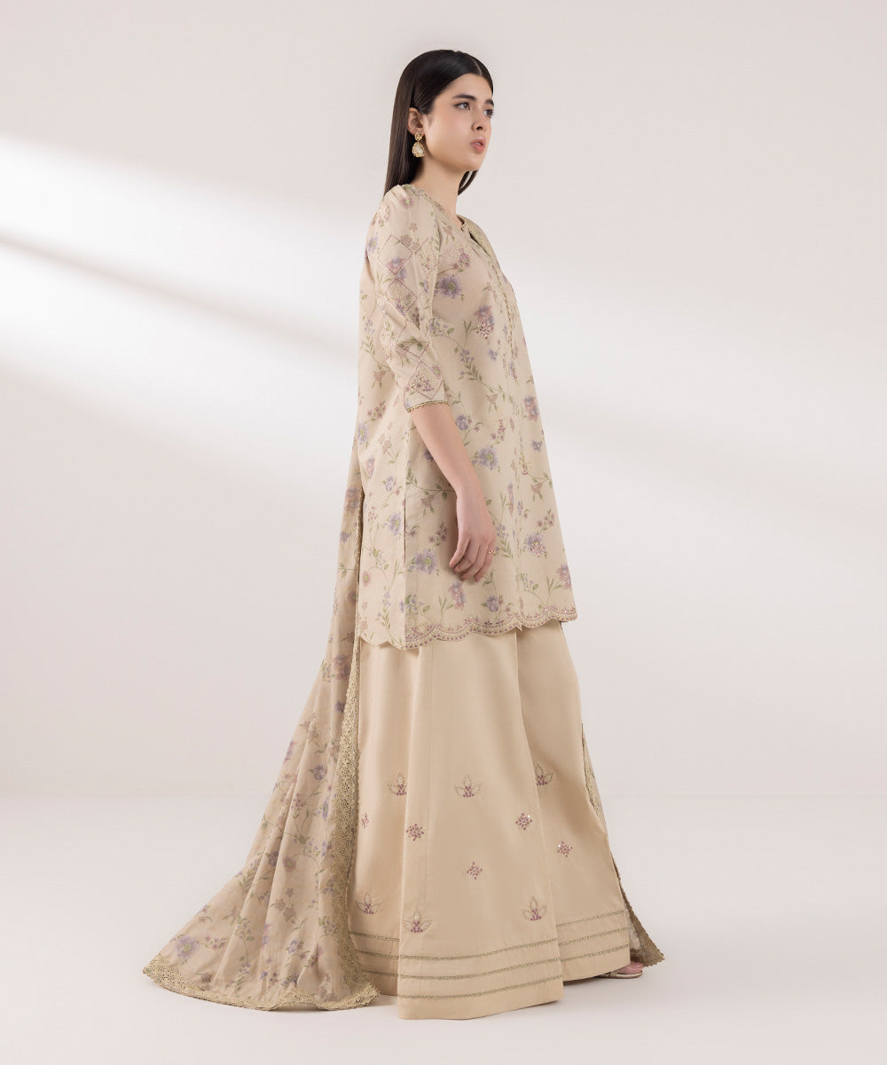 Women's Unstitched Zari Lawn Embroidered Beige 3 Piece Suit