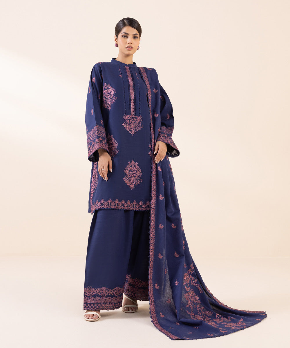 Women's Unstitched Cross Hatch Blue Embroidered 3 Piece Suit