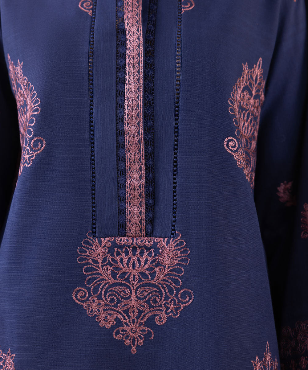 Women's Unstitched Cross Hatch Blue Embroidered 3 Piece Suit