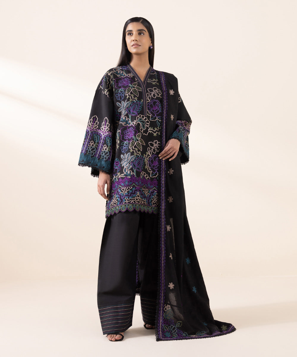 Women's Unstitched Cross Hatch Multi Embroidered 3 Piece Suit