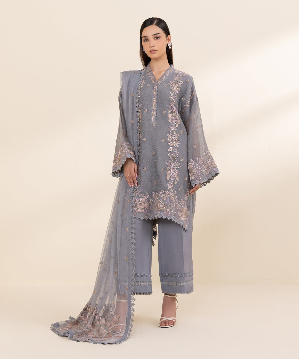 Women's Unstitched Blended Khaddi Net Grey Embroidered 3 Piece Suit