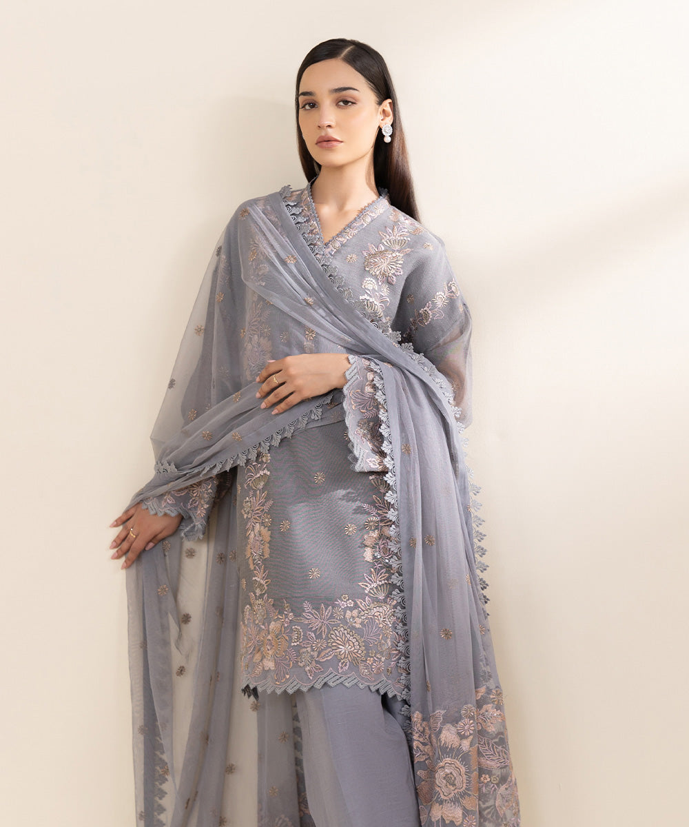 Women's Unstitched Blended Khaddi Net Grey Embroidered 3 Piece Suit