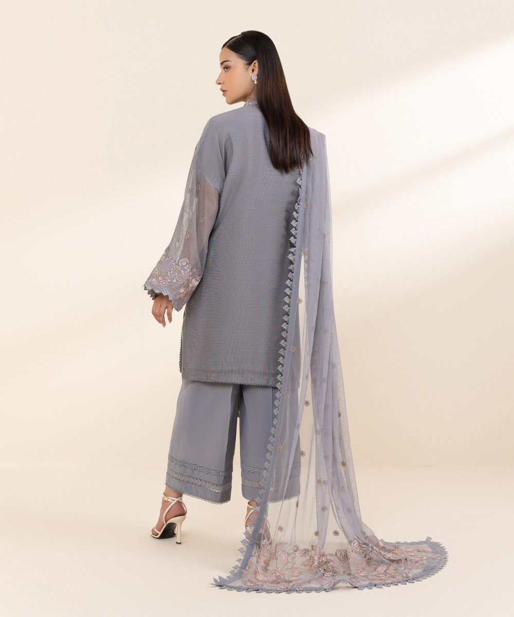 Women's Unstitched Blended Khaddi Net Grey Embroidered 3 Piece Suit