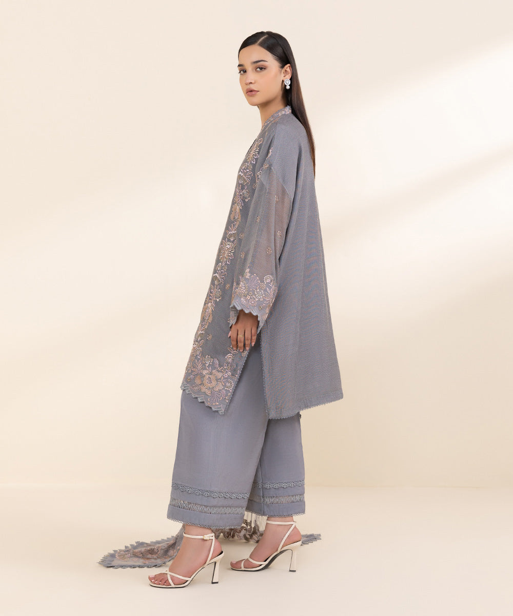 Women's Unstitched Blended Khaddi Net Grey Embroidered 3 Piece Suit