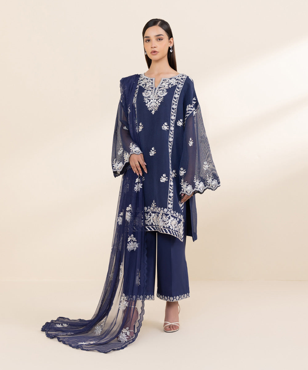 Women's Unstitched Blended Khaddi Net Blue Embroidered 3 Piece Suit