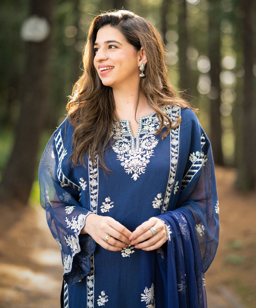 Women's Unstitched Blended Khaddi Net Blue Embroidered 3 Piece Suit