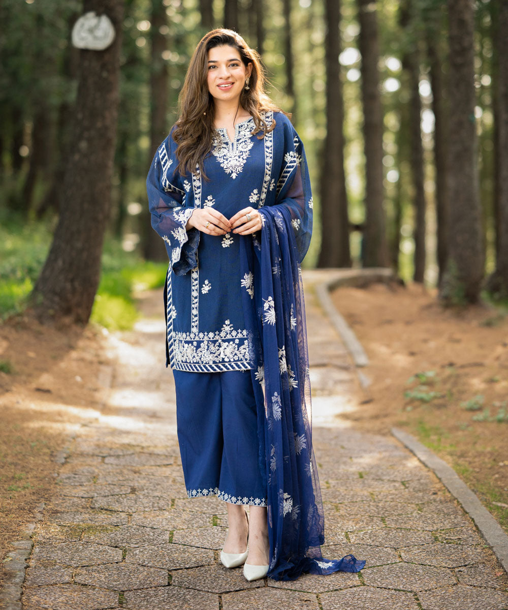 Women's Unstitched Blended Khaddi Net Blue Embroidered 3 Piece Suit