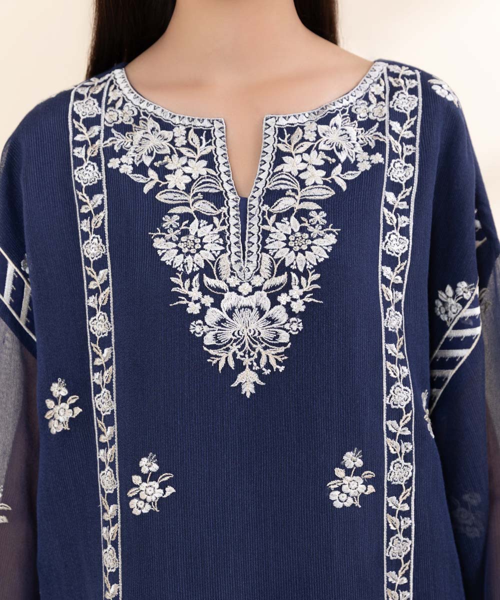 Women's Unstitched Blended Khaddi Net Blue Embroidered 3 Piece Suit