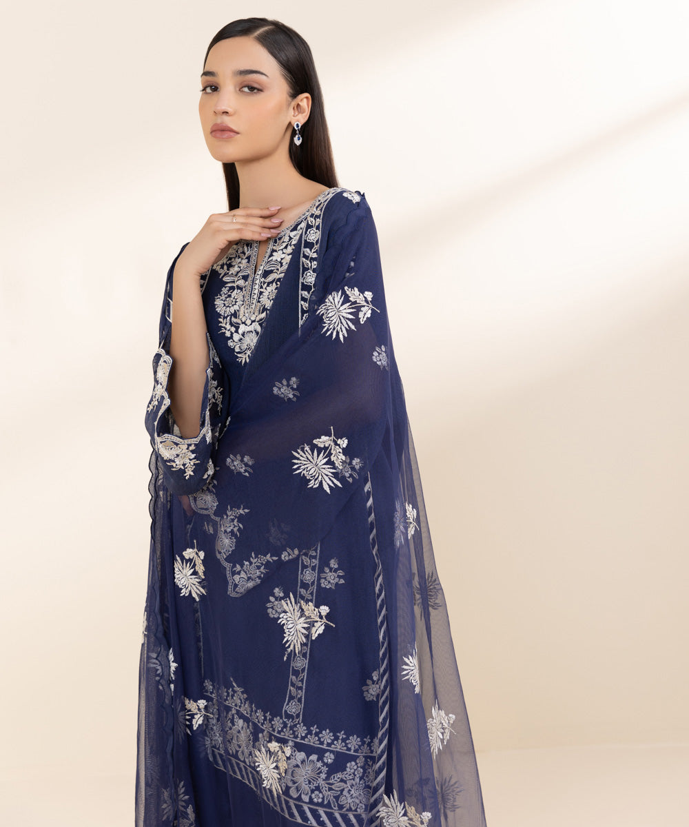 Women's Unstitched Blended Khaddi Net Blue Embroidered 3 Piece Suit