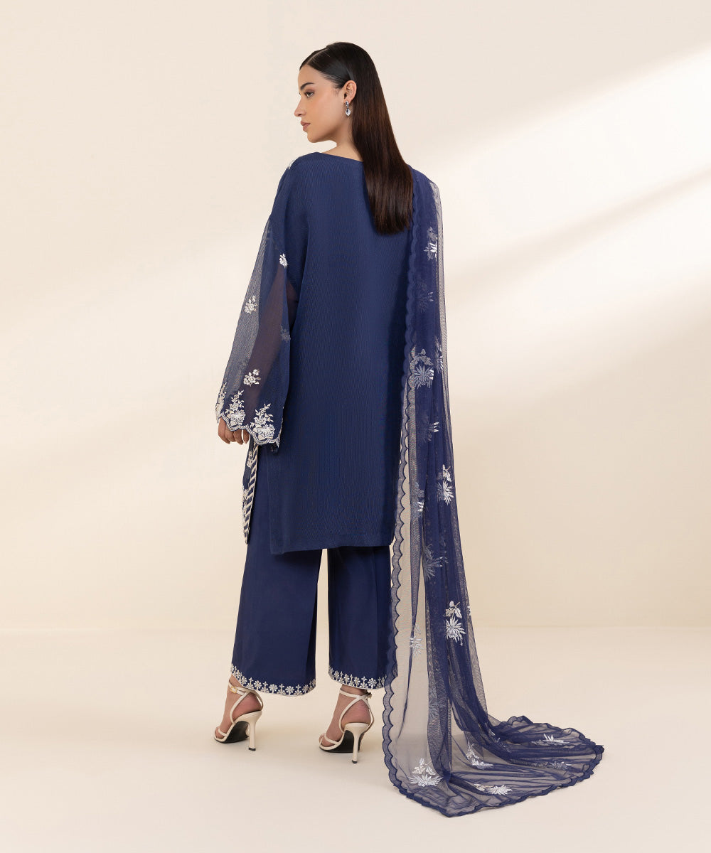 Women's Unstitched Blended Khaddi Net Blue Embroidered 3 Piece Suit