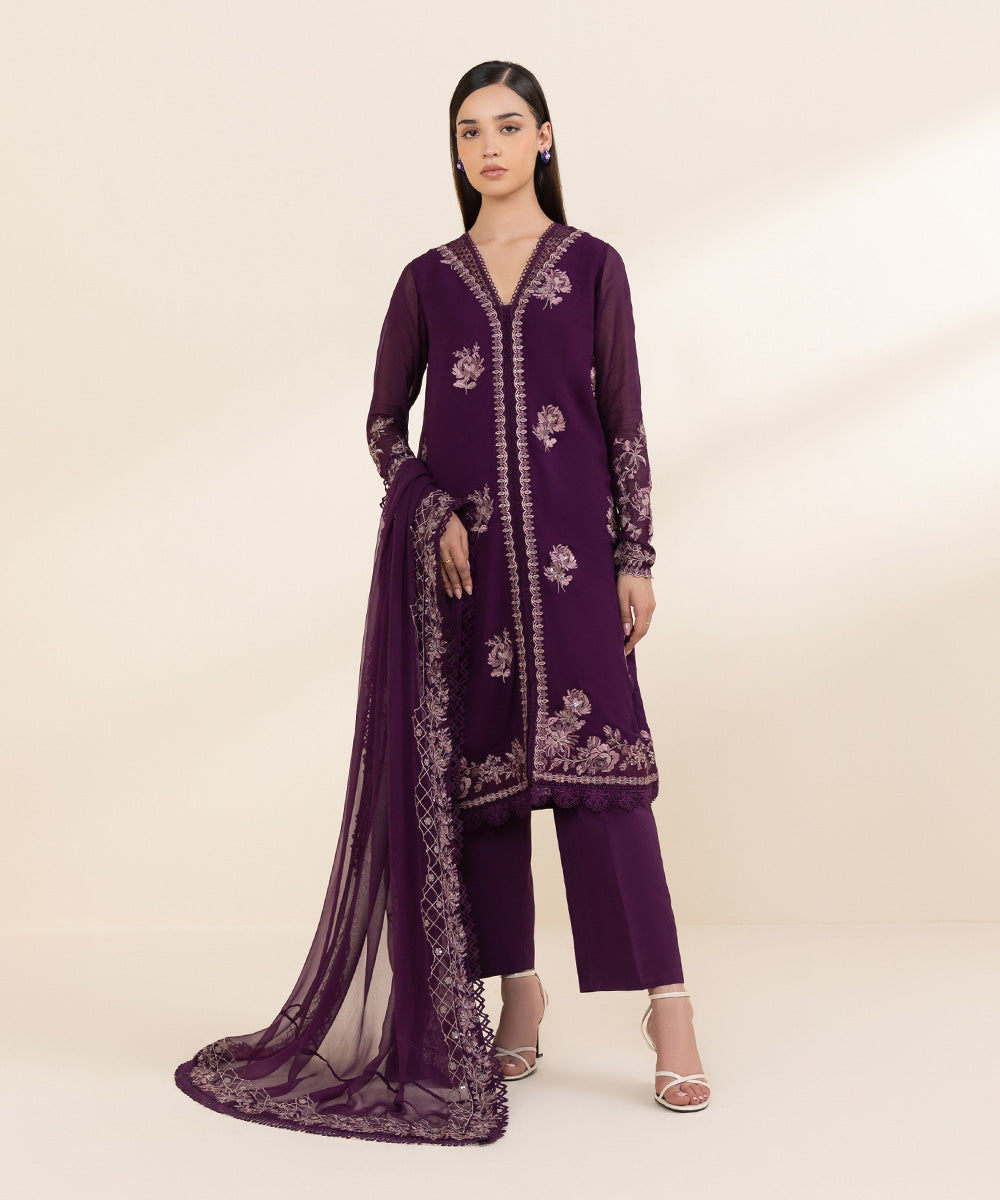 Women's Unstitched Georgette Chiffon Purple Embroidered 3 Piece Suit