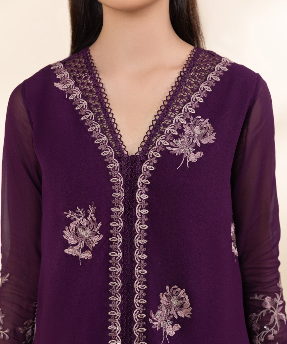 Women's Unstitched Georgette Chiffon Purple Embroidered 3 Piece Suit