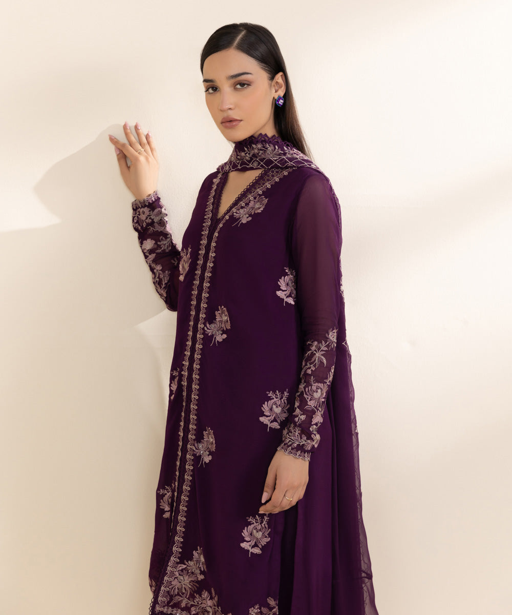 Women's Unstitched Georgette Chiffon Purple Embroidered 3 Piece Suit