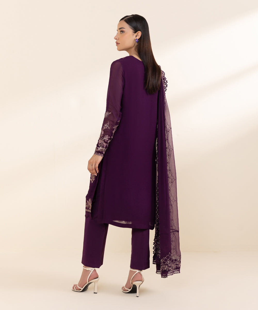 Women's Unstitched Georgette Chiffon Purple Embroidered 3 Piece Suit