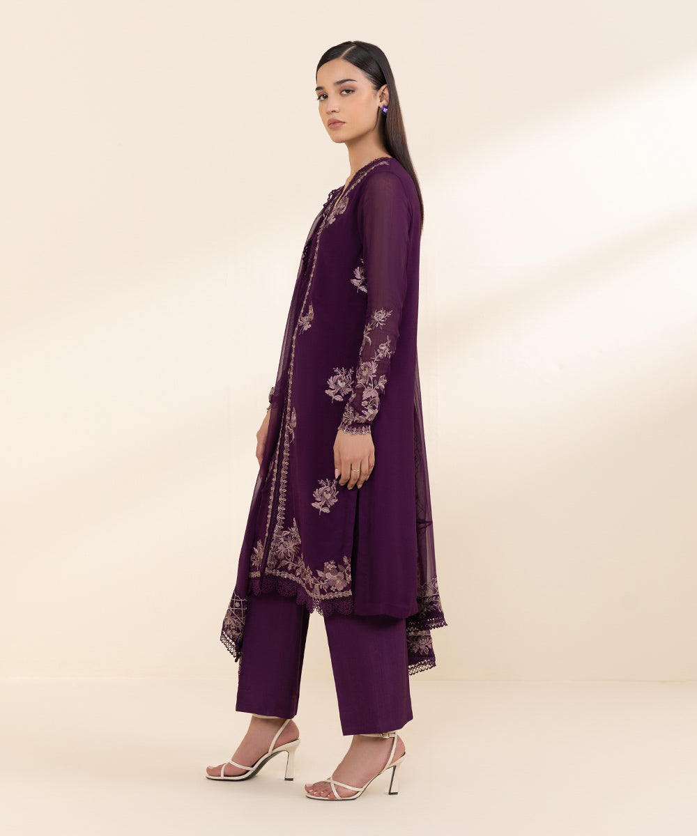 Women's Unstitched Georgette Chiffon Purple Embroidered 3 Piece Suit