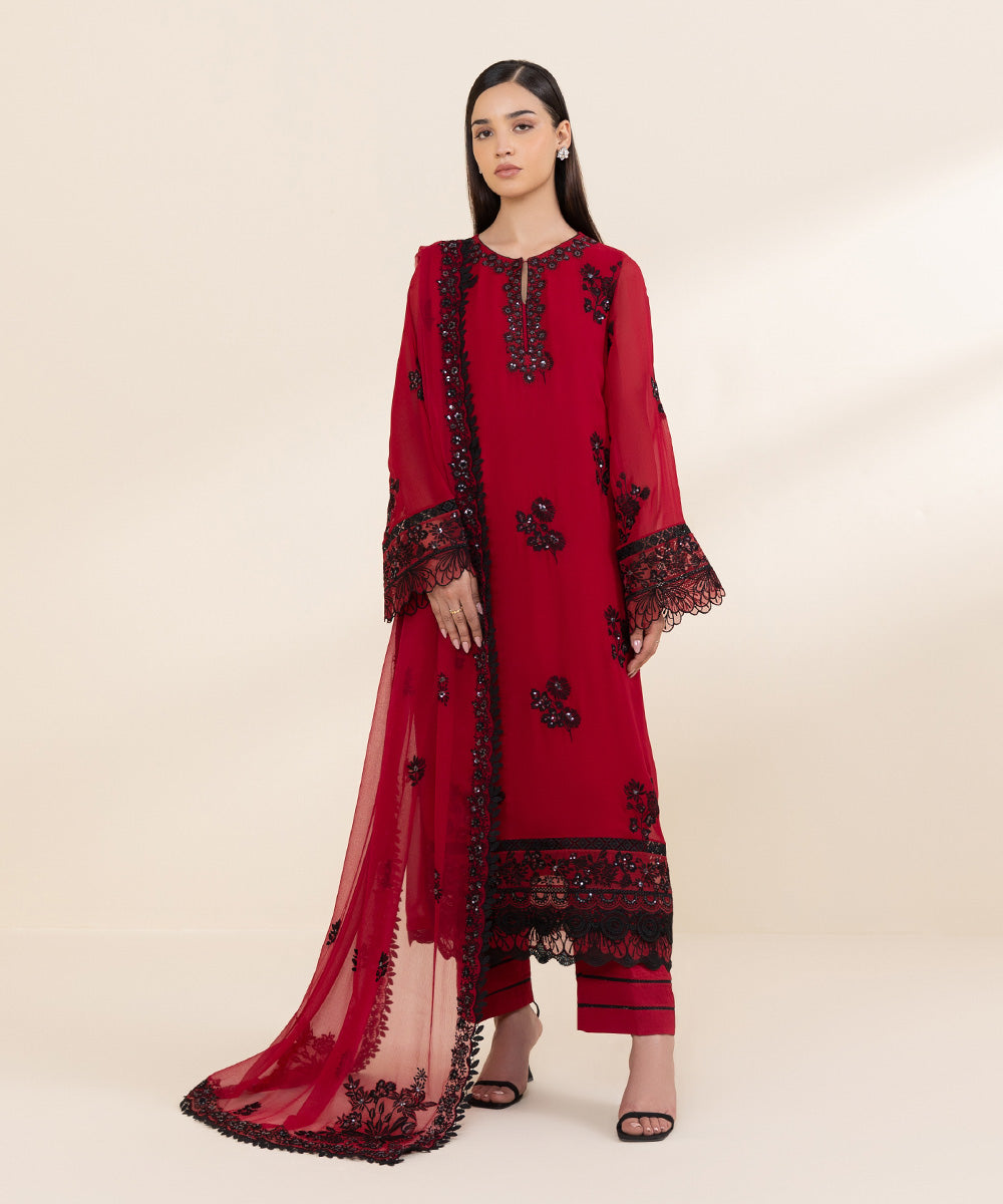 Women's Unstitched Georgette Chiffon Red Embroidered 3 Piece Suit