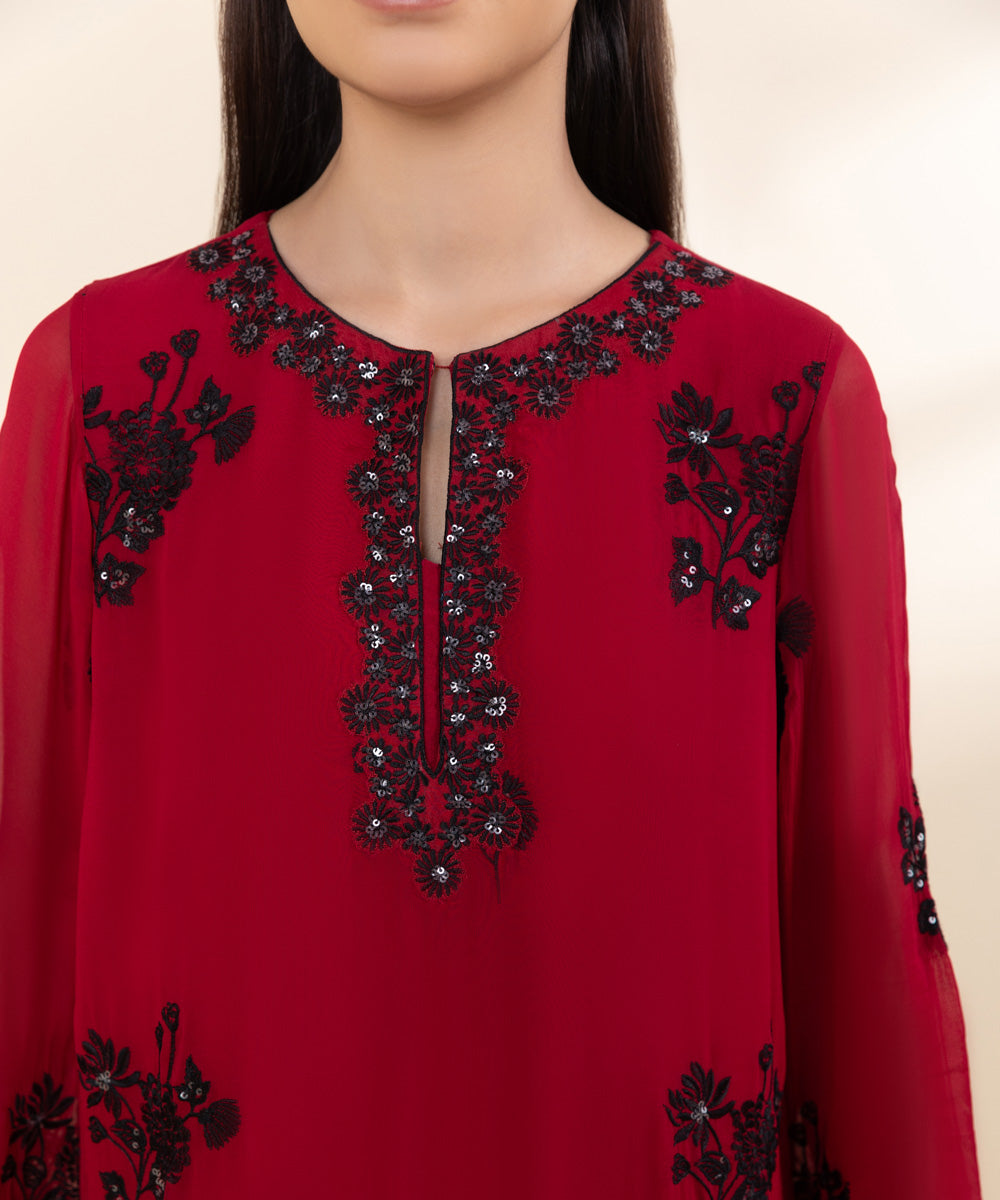 Women's Unstitched Georgette Chiffon Red Embroidered 3 Piece Suit