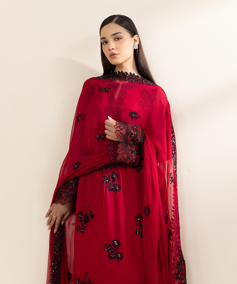 Women's Unstitched Georgette Chiffon Red Embroidered 3 Piece Suit