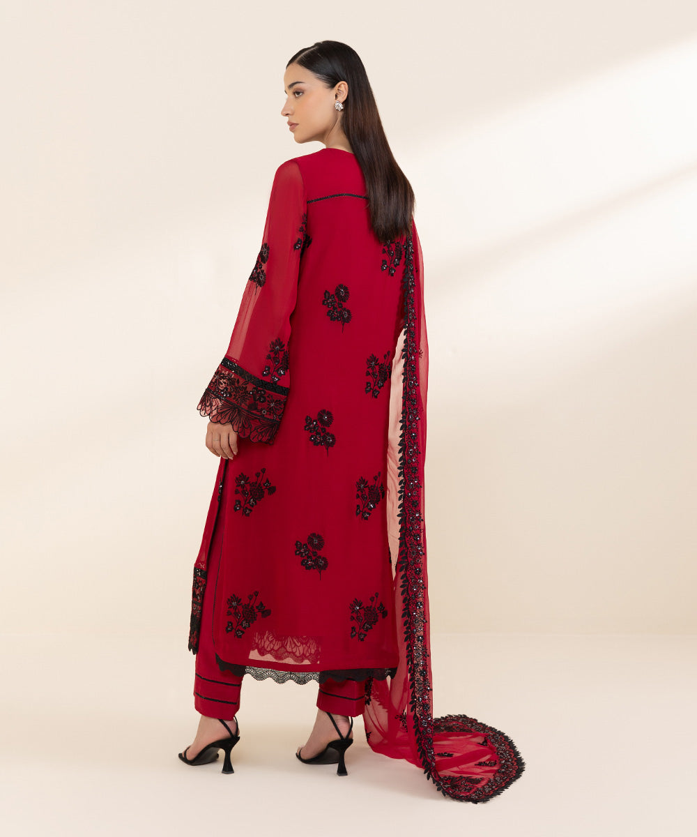 Women's Unstitched Georgette Chiffon Red Embroidered 3 Piece Suit