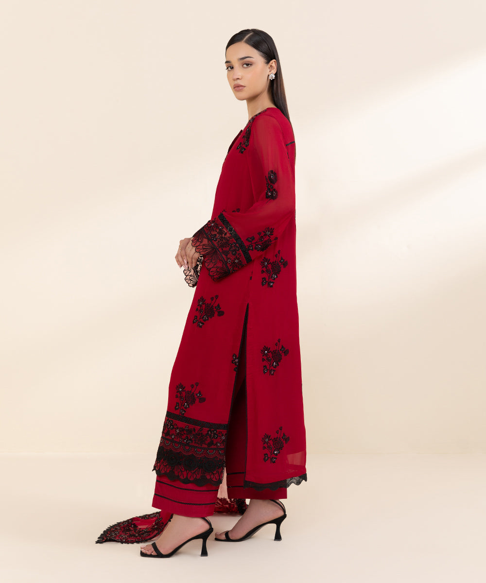 Women's Unstitched Georgette Chiffon Red Embroidered 3 Piece Suit