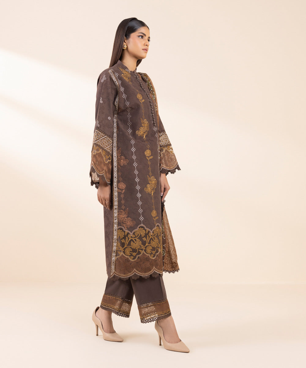 Women's Unstitched Cotton Jacquard Embroidered Brown 3 Piece Suit