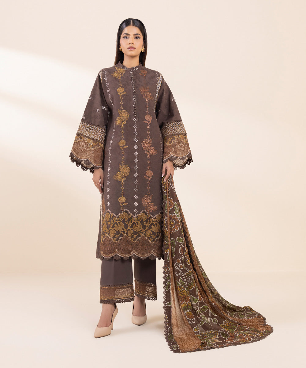 Women's Unstitched Cotton Jacquard Embroidered Brown 3 Piece Suit