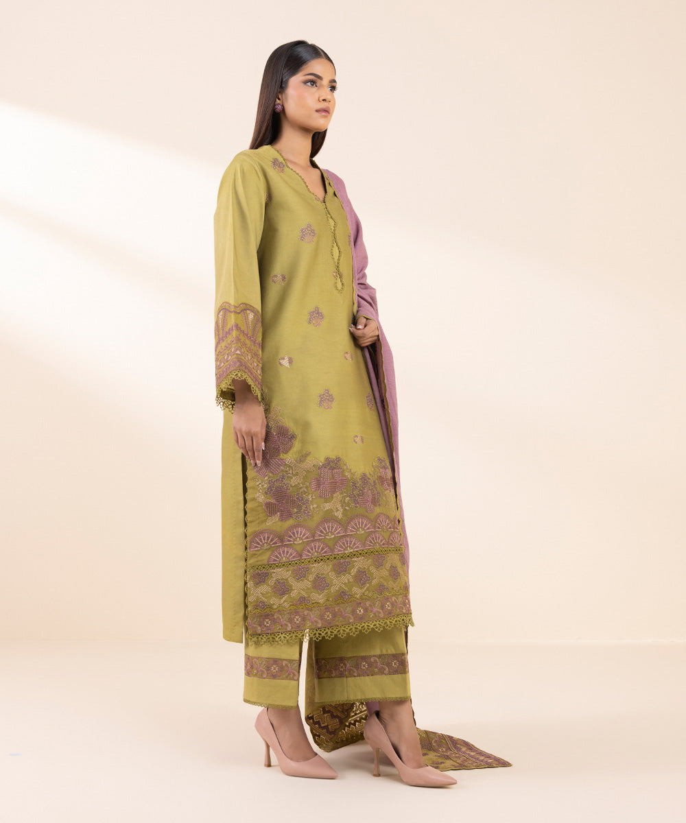 Women's Unstitched Fine Cotton Satin Embroidered Multi 3 Piece Suit