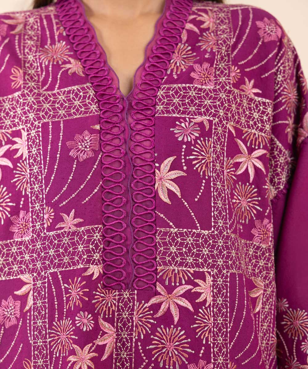 Women's Unstitched Cotton Karandi Embroidered Pink 3 Piece Suit