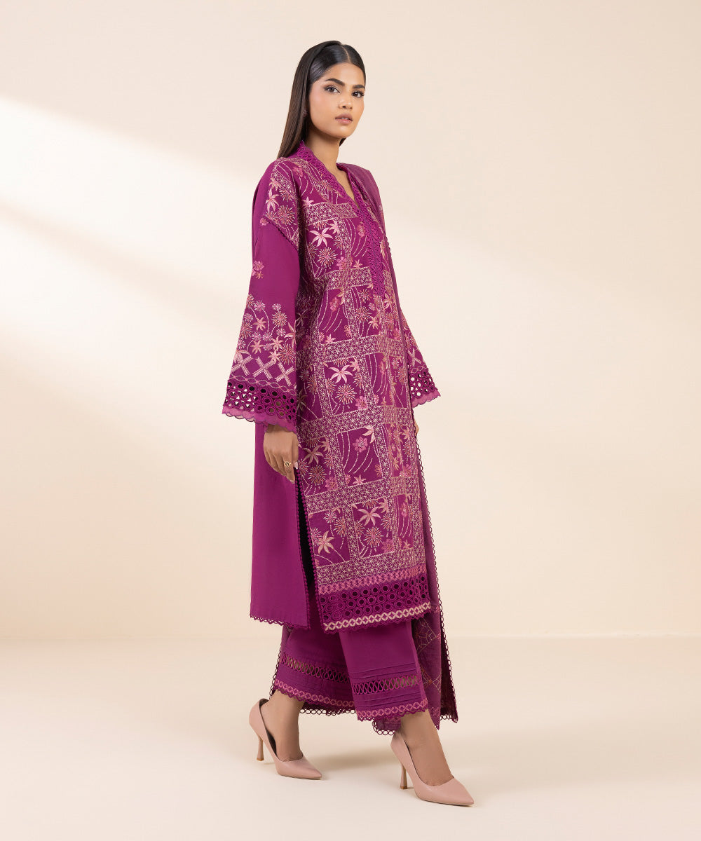 Women's Unstitched Cotton Karandi Embroidered Pink 3 Piece Suit