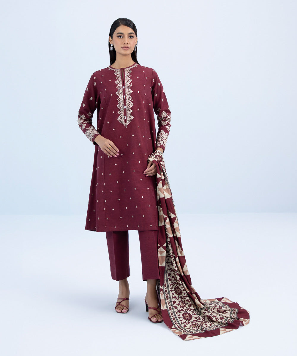 Women's Winter Unstitched Embroidered Khaddar Red 3 Piece Suit