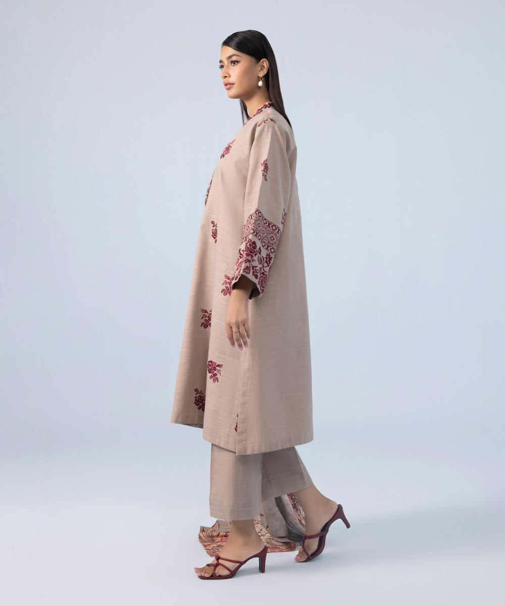 Women's Winter Unstitched Embroidered Khaddar Beige 3 Piece Suit