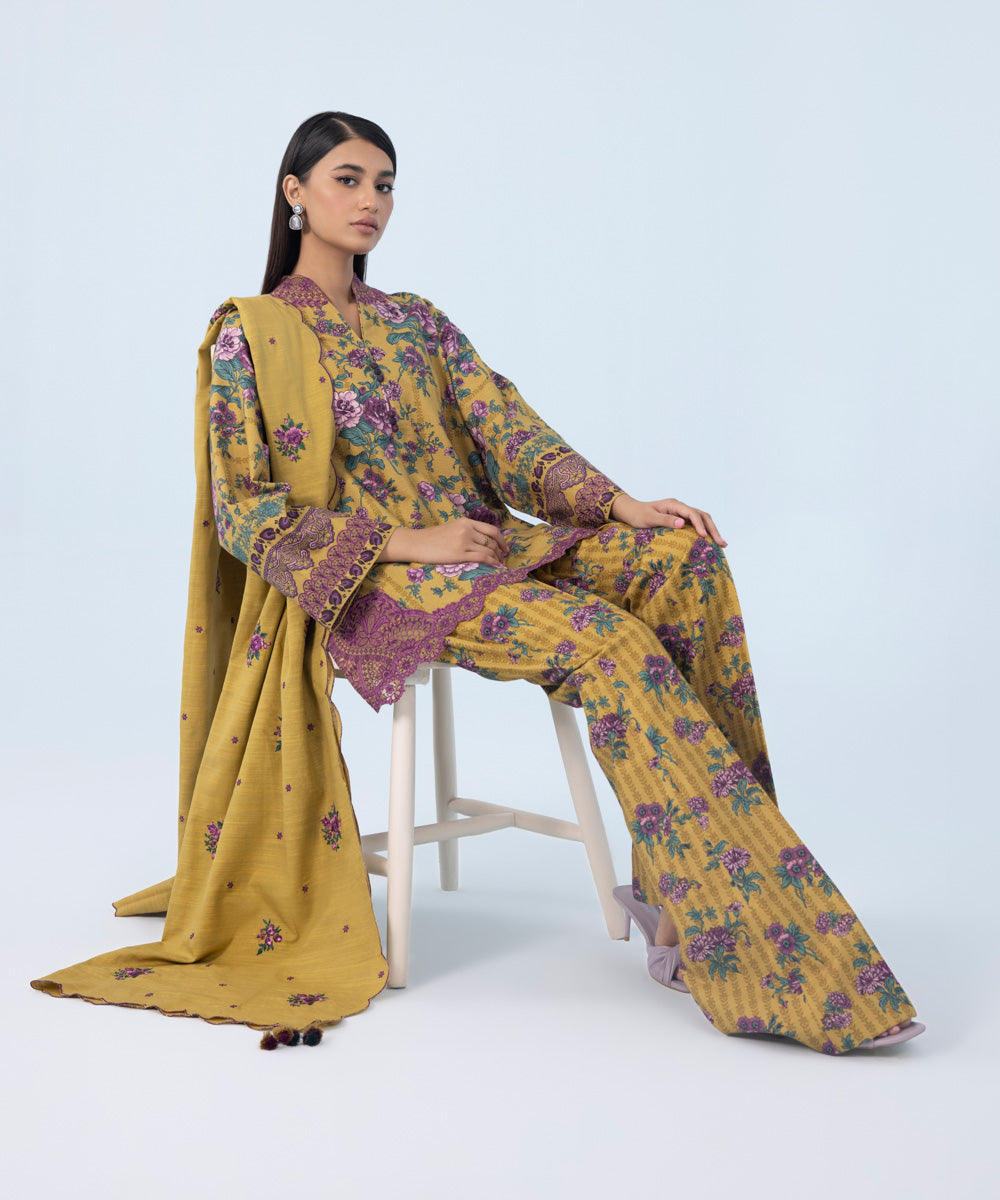 Women's Winter Unstitched Embroidered Khaddar Yellow 3 Piece Suit