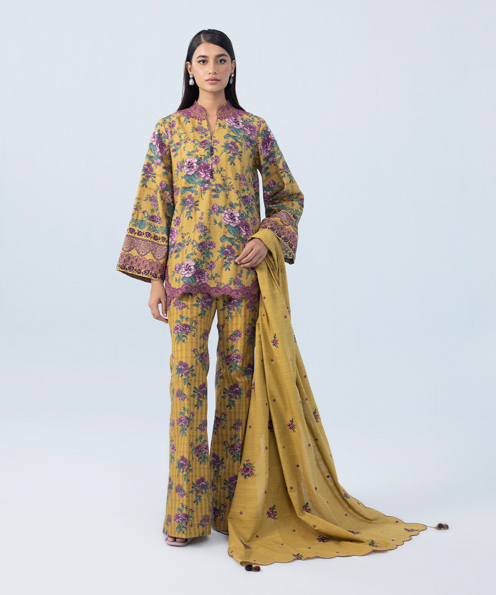 Women's Winter Unstitched Embroidered Khaddar Yellow 3 Piece Suit