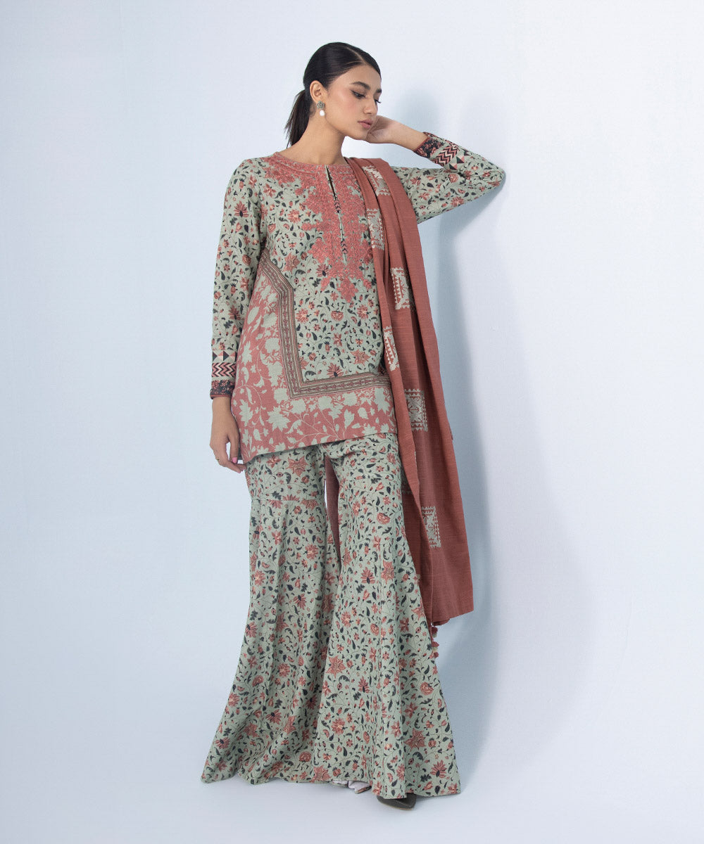 Women's Winter Unstitched Embroidered Khaddar Green 3 Piece Suit