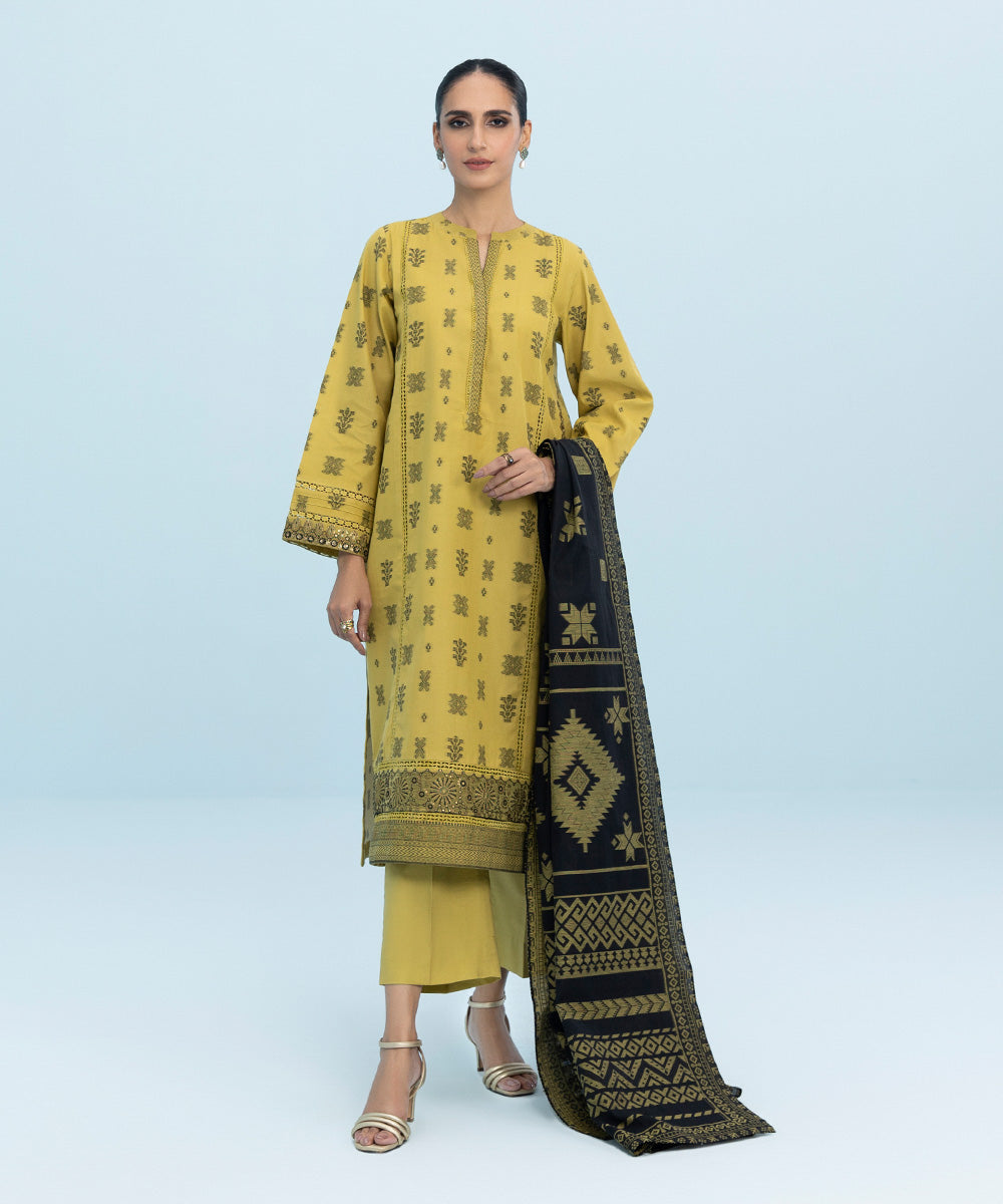Women's Winter Unstitched Embroidered Extra Weft Jacquard Yellow 3 Piece Suit