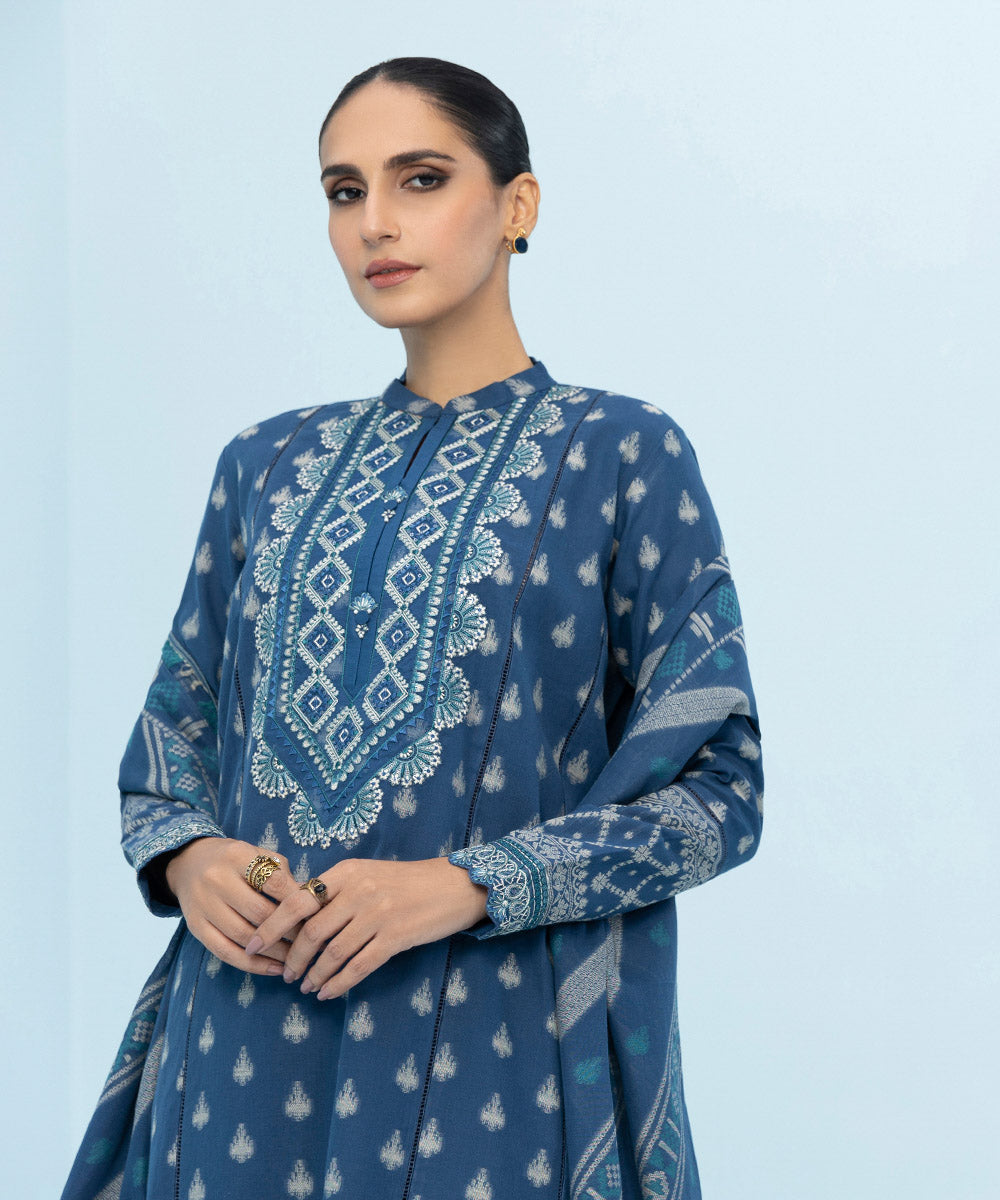 Women's Winter Unstitched Embroidered Extra Weft Jacquard Blue 3 Piece Suit