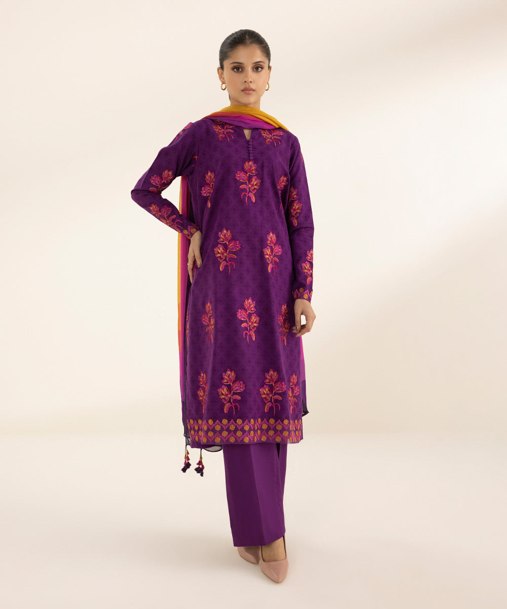 Women's Unstitched Cotton Jacquard Embroidered Purple 3 Piece Suit