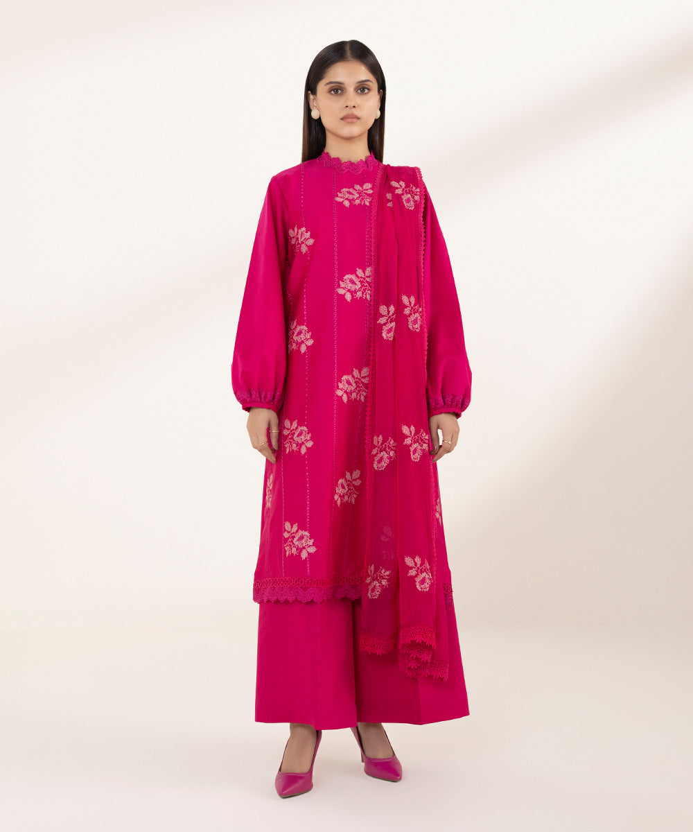 Women's Unstitched Cotton Satin Embroidered Pink 3 Piece Suit
