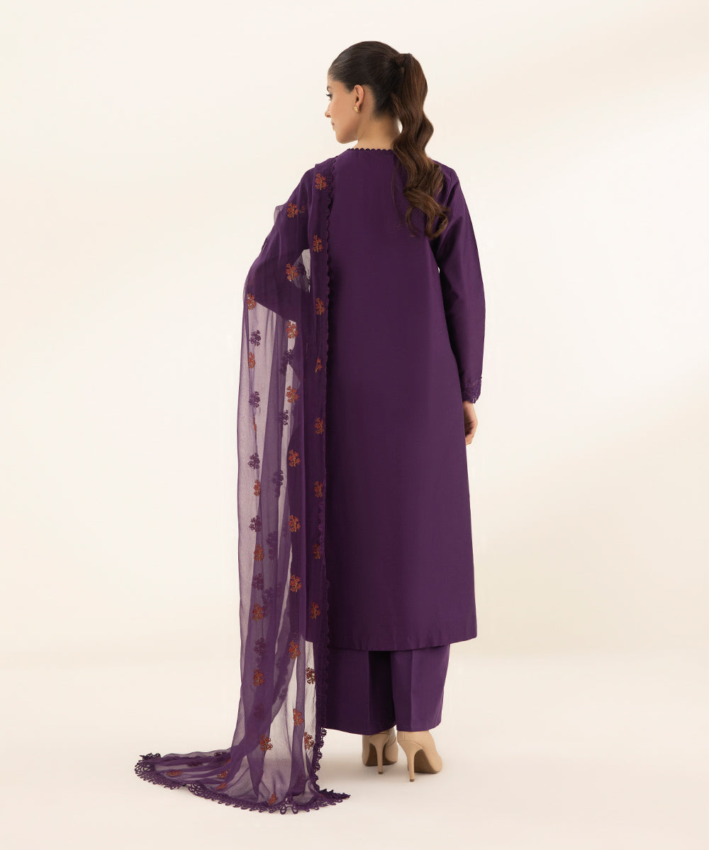 Women's Unstitched Cotton Satin Embroidered Purple 3 Piece Suit