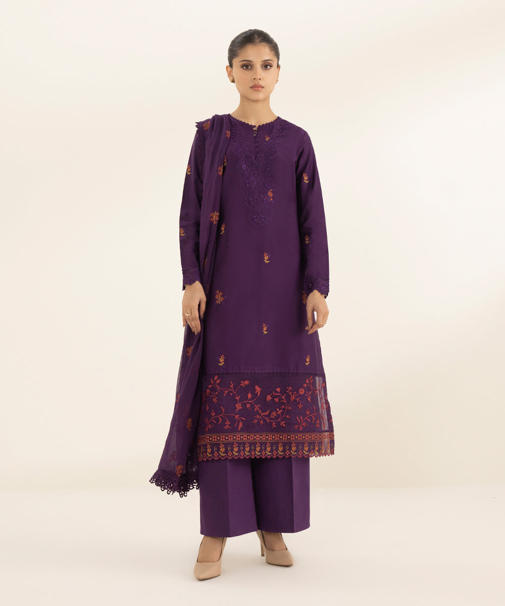Women's Unstitched Cotton Satin Embroidered Purple 3 Piece Suit