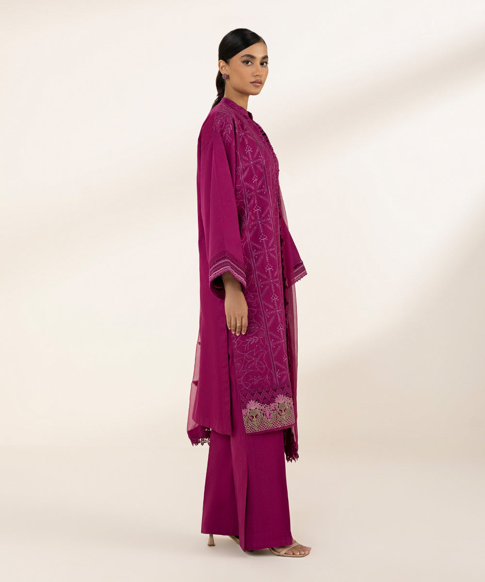 Women's Unstitched Cotton Satin Embroidered Pink 3 Piece Suit