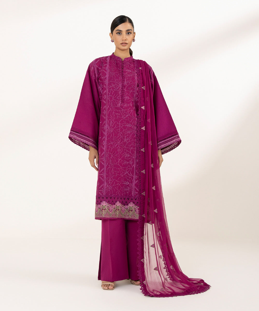 Women's Unstitched Cotton Satin Embroidered Pink 3 Piece Suit