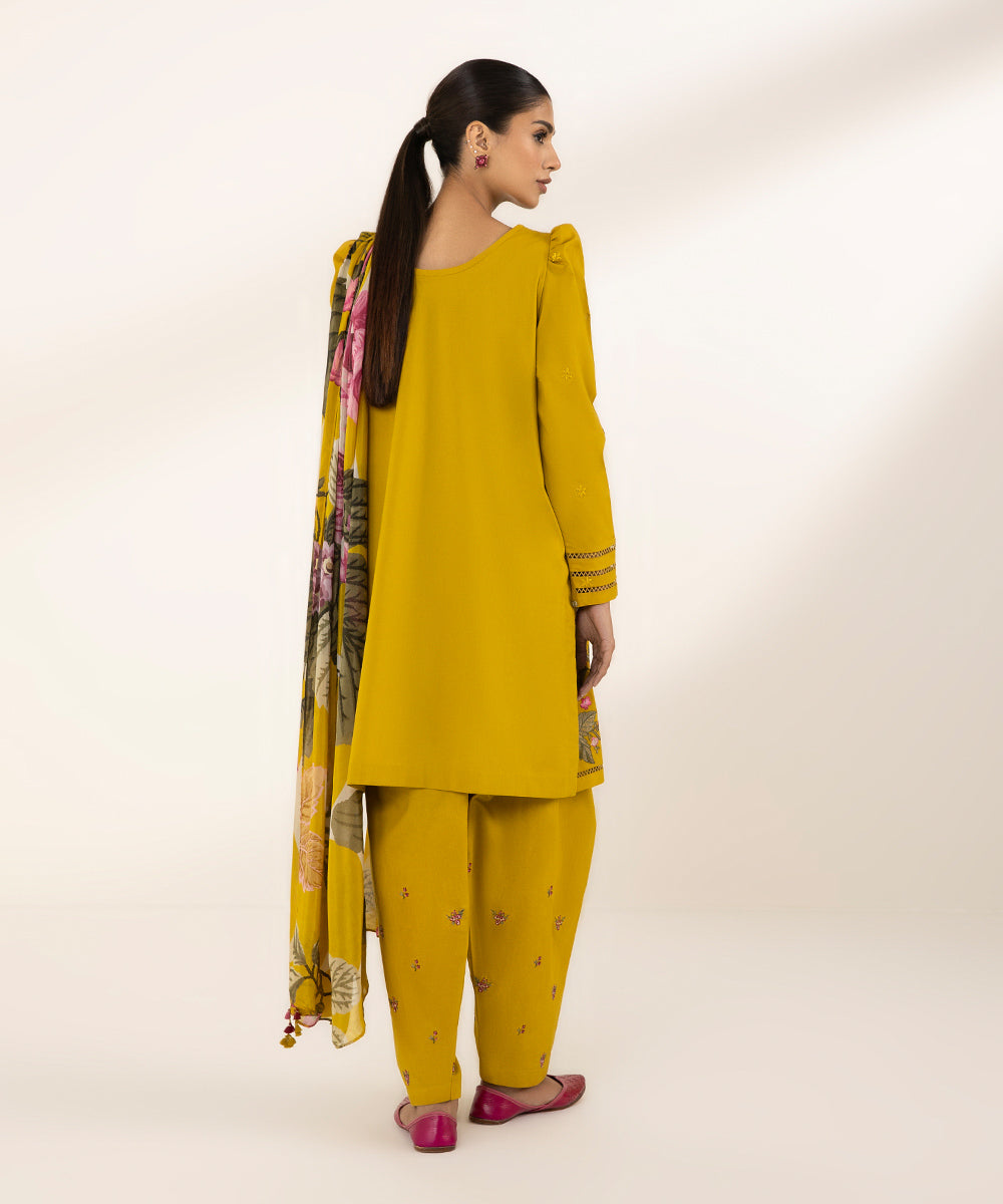Women's Unstitched Lawn Embroidered Yellow 3 Piece Suit
